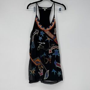 Zara Trafaluc Black Beaded Sequin Embroidered Racerback Mini Dress Womens Medium